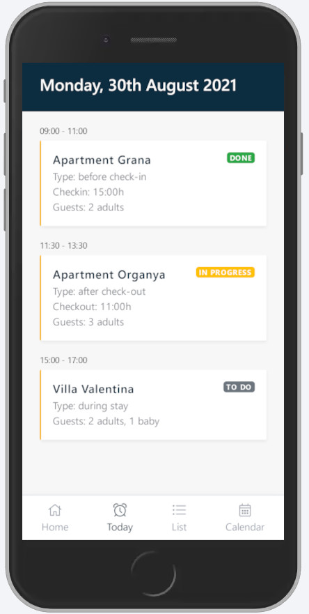 Mobile device showing the weekly plan of all cleanings assigned in the Icnea app.